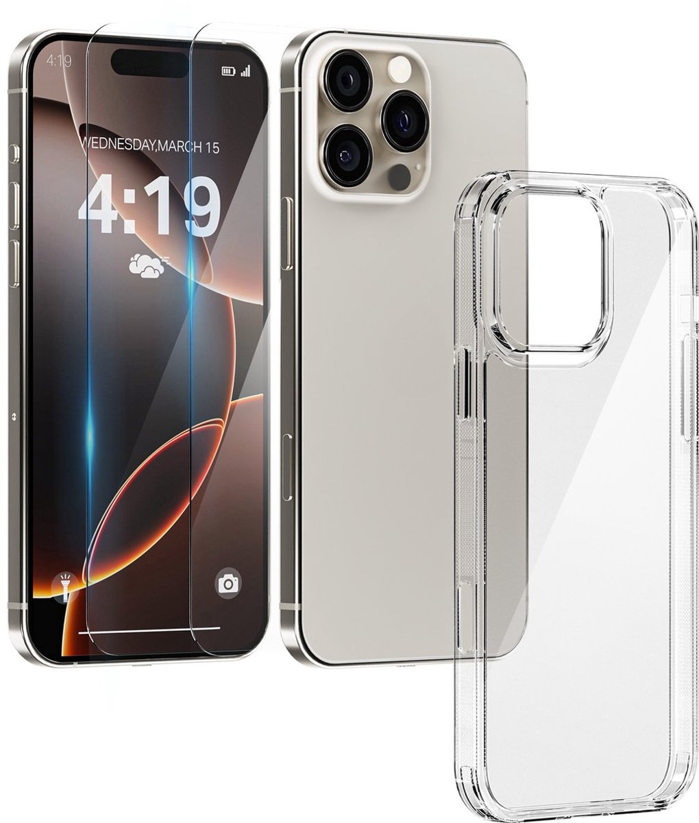 Hoesje geschikt voor iPhone 16 Pro Transparant - 2x screenprotector - beschermglas screen protector- Anti Shock case