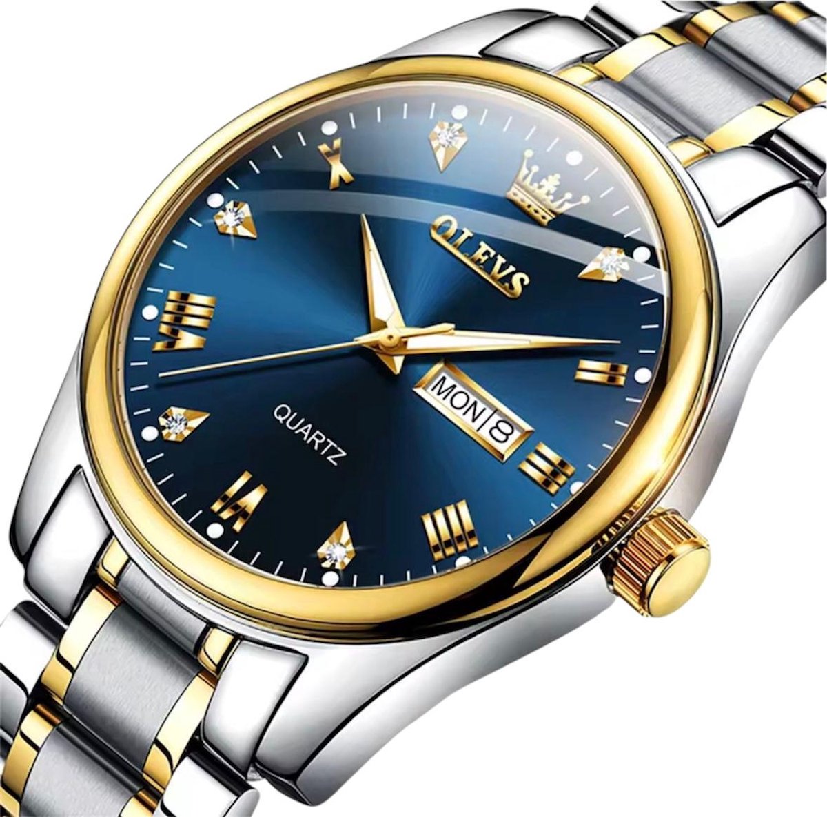 Olevs - Herenhorloge - Polshorloge - Heren - Horloge - Horlogedoos - Mannen - Zilver Goud Blauw- RVS