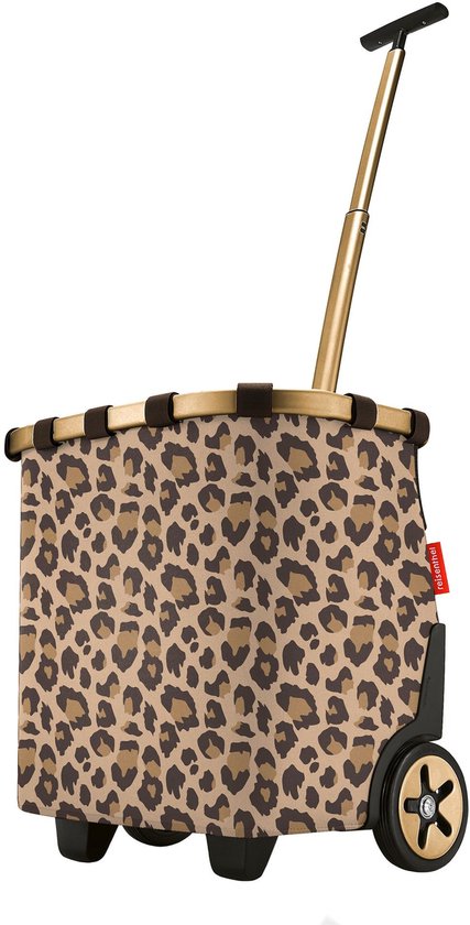 Boodschappentrolley met luipaardprint, bruin en beige, met gouden telescoopsteel en bruine banden.