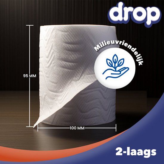 Witte keukenrol, 2-laags, 95mm hoog en 100mm breed, met 'Milieuvriendelijk' logo.