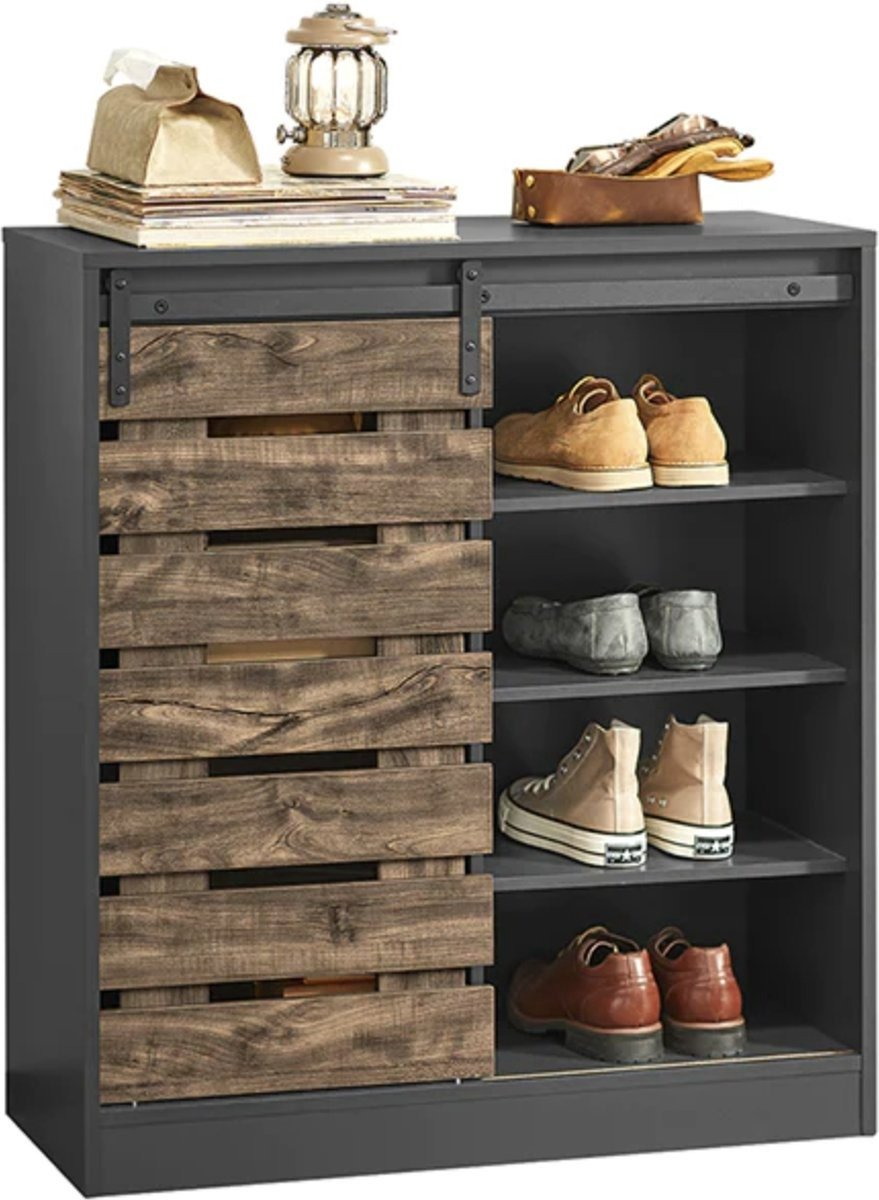 WNHB® Simpletrade Schoenenkast met Schuifdeuren – Zwarte Opbergkast met 8 Legplanken – MDF – 80x89x35 cm