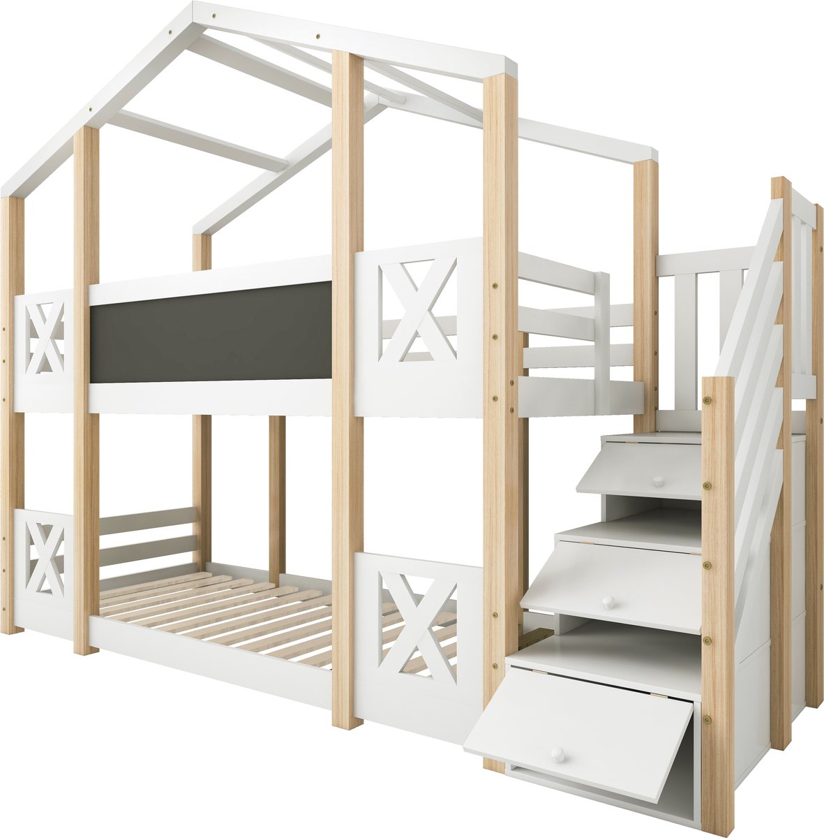 Merax Stapelbed 90x200 cm - Kinderbed met Opbergruimte en Valbeveiliging - Bed met Trap - Wit