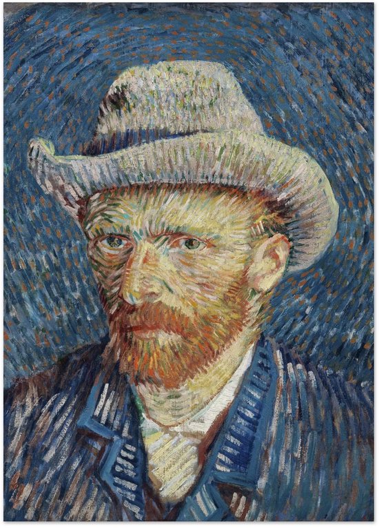 Affiche de Vincent van Gogh, autoportrait avec chapeau en feutre gris, barbe et costume bleu rayé.
