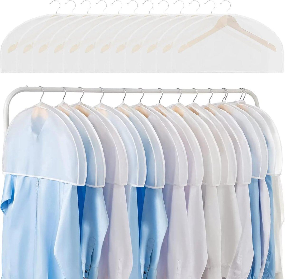 Verpakking van 12 witte kledinghoezen, transparante schouderhoes voor stofbescherming, kledinghoes, kledingbeschermer voor pakken, kledinghoezen, motbestendig voor kleding, pakken, jurken, jassen, jacks, overhemden, avondkleding - Cyslmuk®