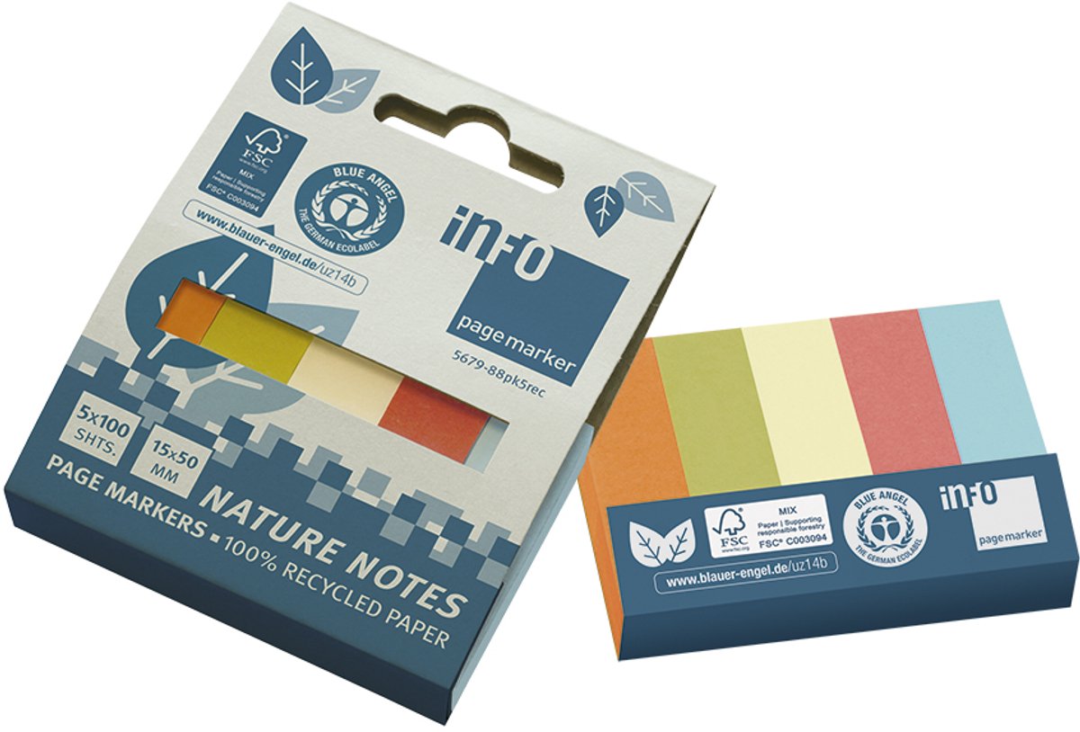 Info notes - Page Markers - index tabs - formaat 15x50mm - 5 kleuren - recycled - 100 vel per kleur - IN-5679-88PK5