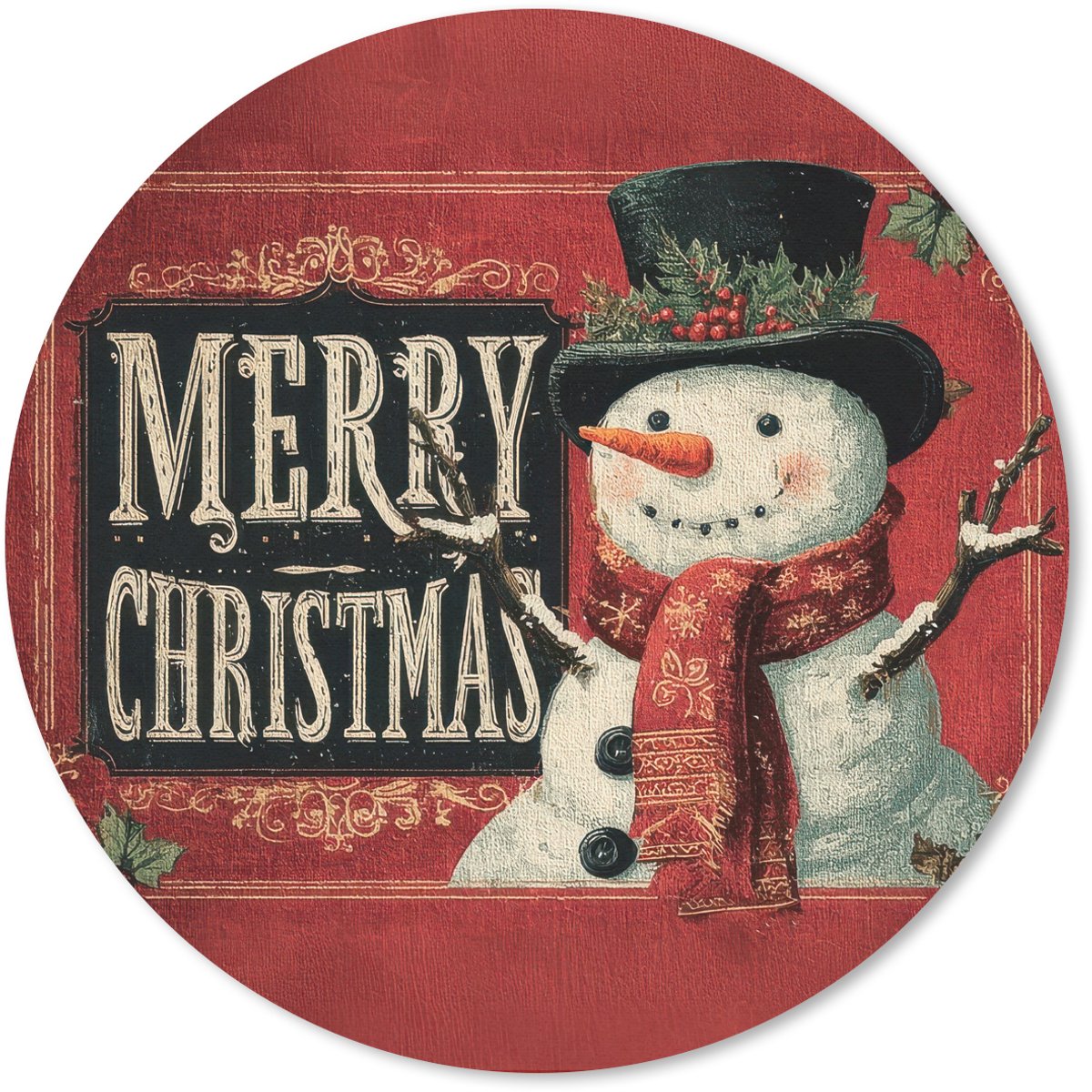 Muismat rond 50x50 cm - Mousepad Klassiek - Kerstgroet - Sneeuwpop - Rood - Ronde muismatten