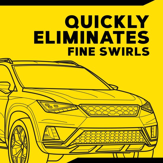 Schematische tekening van een auto op een gele achtergrond. Tekst: QUICKLY ELIMINATES FINE SWIRLS.