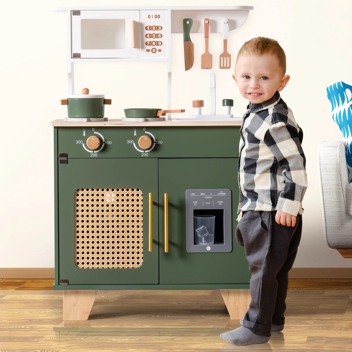 ROBOTIME-Wooden Kids Play Kitchen Set - Kids Kitchen Playset with Pretend Ice Cube Dispenser - WCF04 - Vintage Green - Wood — afbeelding 5