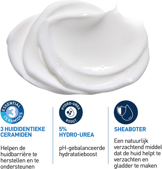 Kleurstaal van CeraVe crème. Iconen met tekst: '3 Essentiële Ceramides', '5% Hydro-Urea', 'Sheaboter'.