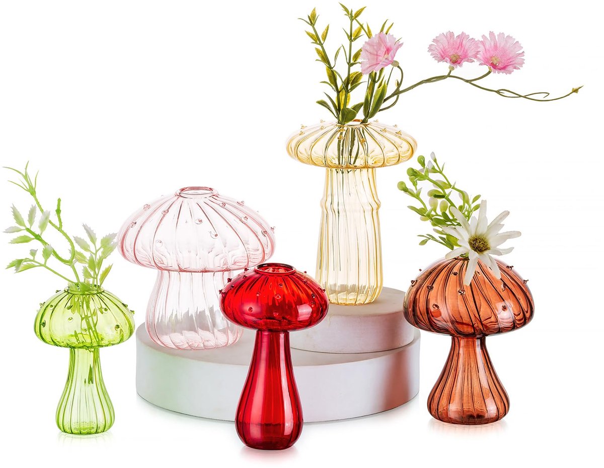 Unyqoos Set van vijf kleurrijke paddenstoelvormige glazen vazen voor sfeervolle decoratie Meerkleurig