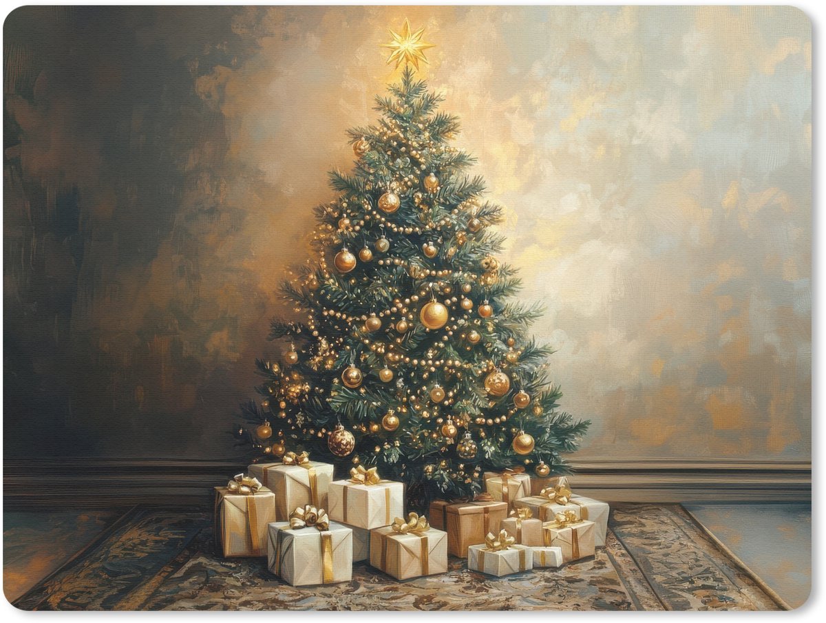Muismat 23x19 cm - Mousepad Kerstboom - Cadeaus - Goud - Muismatten
