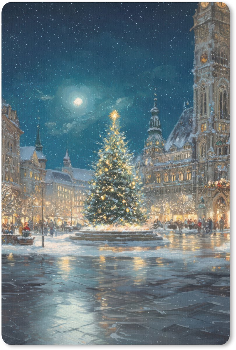 Muismat 18x27 cm - Mousepad Kerstnacht - Stadsplein - Meerkleurig - Muismatten