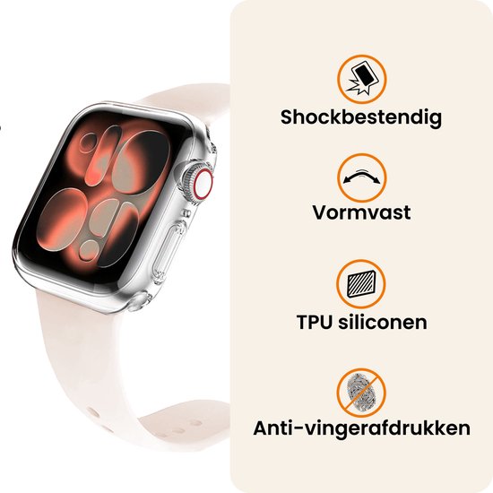Transparante Apple Watch-hoes met tekst over schokbestendigheid, vormvastheid, TPU-siliconen en anti-vingerafdrukken.