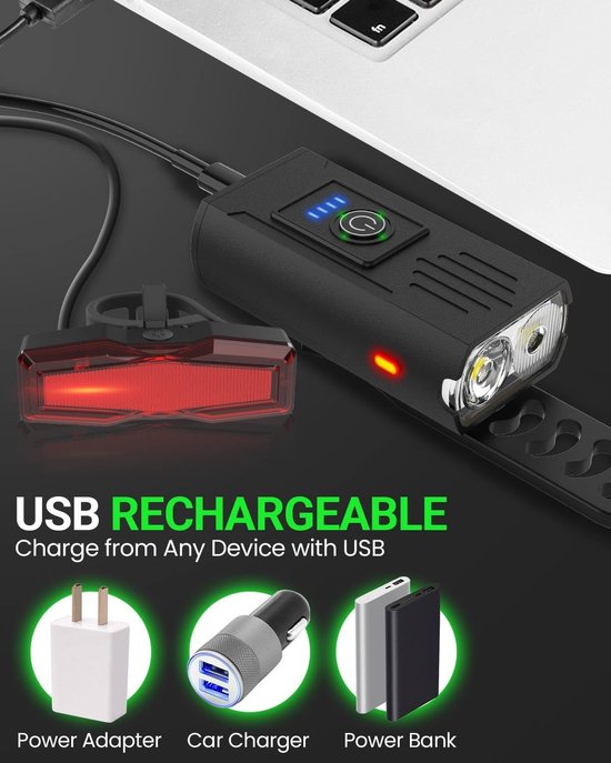 USB Fietslampen Set - 10 Lichtstanden - Voor- en Achterlamp - Waterdicht en Oplaadbaar - Voor Nachtelijk Fietsen - Zwart - 1 Set — afbeelding 5
