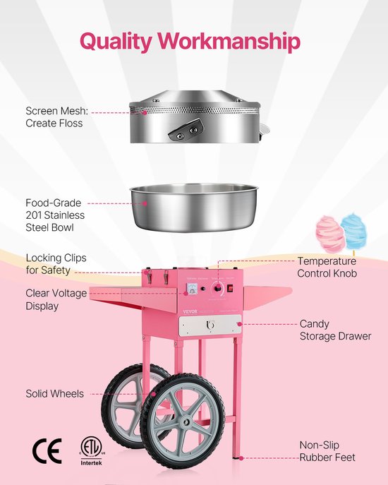 VEVOR Commerciële Suikerspinmachine met Kar Suikerspinmaker 1kW Roze — afbeelding 3