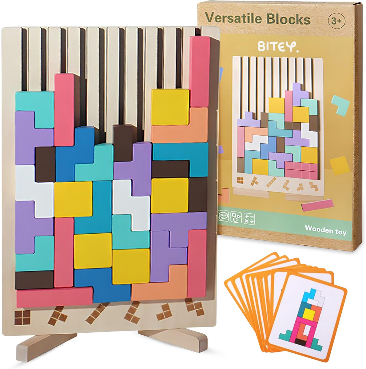 Bitey Houten Speelgoed Tetris Puzzel - Kinder Speelgoed - Leren & Spelen - Educatief Peuter & Kleuter Speelgoed 3 jaar – 3D Blokken met Houder + Opdrachtkaarten