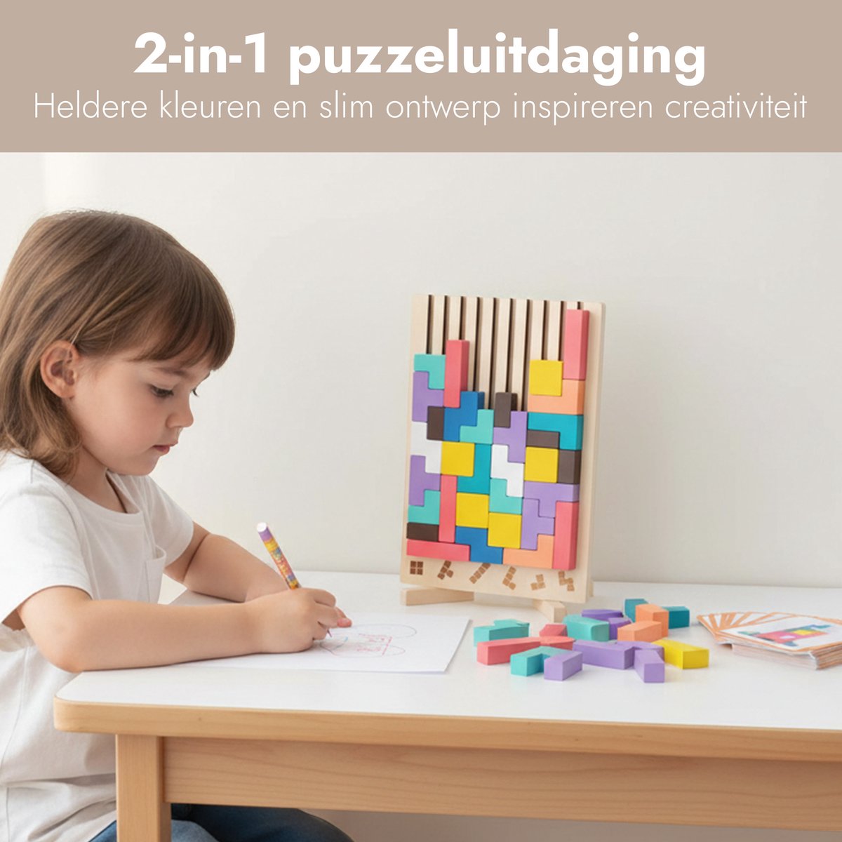 Bitey Houten Speelgoed Tetris Puzzel - Kinder Speelgoed - Leren & Spelen - Educatief Peuter & Kleuter Speelgoed 3 jaar – 3D Blokken met Houder + Opdrachtkaarten — afbeelding 5