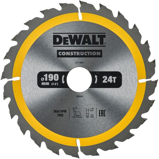 Lame de scie circulaire DeWALT pour bois | Construction | Ø 190mm Trou d'axe 30mm 24T - DT1944-QZ