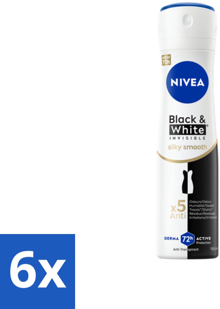 6 x NIVEA Deodorant Spray Black & White Silky Smooth 150 ml - Anti-vlekken - 72 Uur Bescherming - Deodorant Spray - Zwart-wit - Huidverzorging