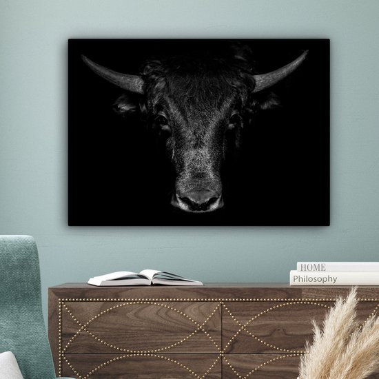 Toile - Animaux - Taureau - Zwart - Wit - Photo sur toile - 80x60 cm - Salon - Peintures sur toile