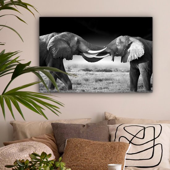 Tableau sur toile - Animaux sauvages - Éléphants - Zwart - Wit - Salon - 90x60 cm - Décoration murale - Décoration de la maison