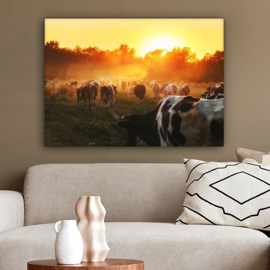 Tableau toile vache - Vache - Animaux - Nature - Coucher de soleil - Arbres - 80x60 cm - Toile - Décoration murale