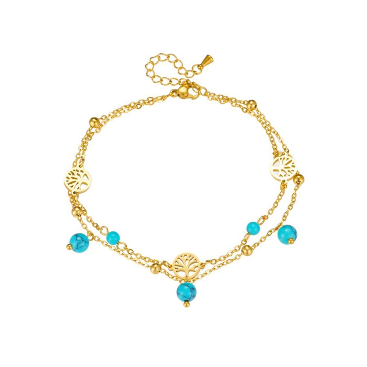Armband - Enkelband - Turkoois Edelsteen - Dubbele Gouden Schakel - Symbolische Boom - Roestvrij Staal - Verstelbaar - Dames