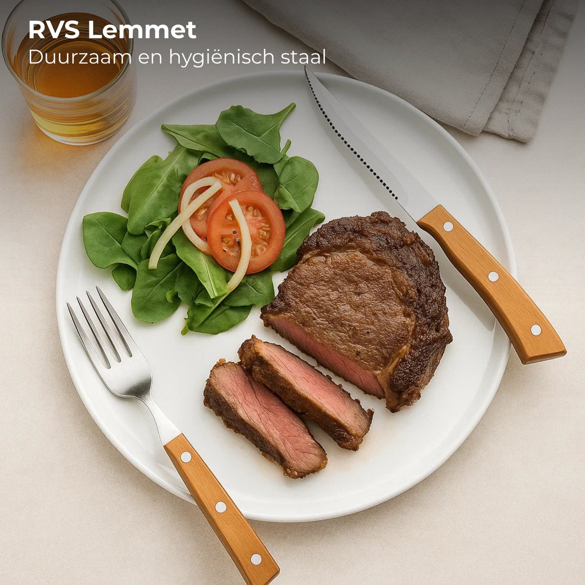 Lomera Steakmessenset - 4-Delige Set - Rvs Materiaal - Houten Handvaten - Kartelmessen - Steak Messen - Keukenmessen - Moeiteloos Snijden - Steak en Karbonades - Hoogwaardige Kwaliteit