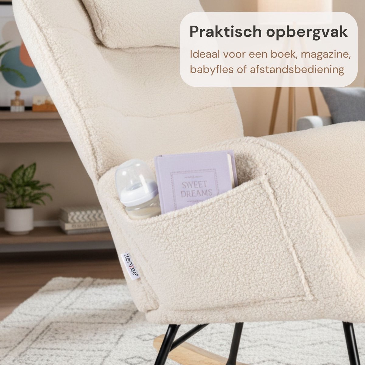 Zenzee Schommelstoel - Schommelstoelen babykamer - Met kussen - Relaxstoel - Fauteuil - Voedingsstoel - Roomwit - Beige — afbeelding 10