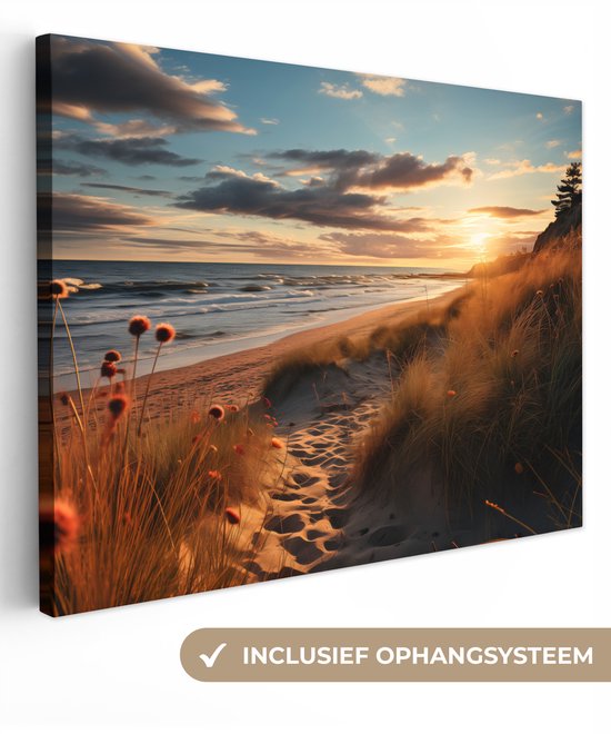 Canvas Schilderij 120x90 cm - Strand - Zonsondergang - Duinen - Zee - Zand - Wanddecoratie woonkamer - Muurdecoratie keuken - Kamer accessoires - Woondecoratie huis
