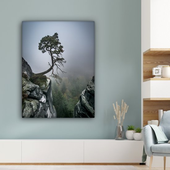 Peinture sur toile - Falaise - Arbres - Vert - Brouillard - Photo sur toile - Canvasdoek - 90x120 cm - Toile nature
