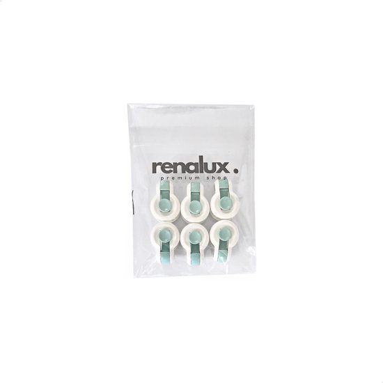 Doorzichtige verpakking met 6 witte en mintgroene dekbedclips van Renalux.