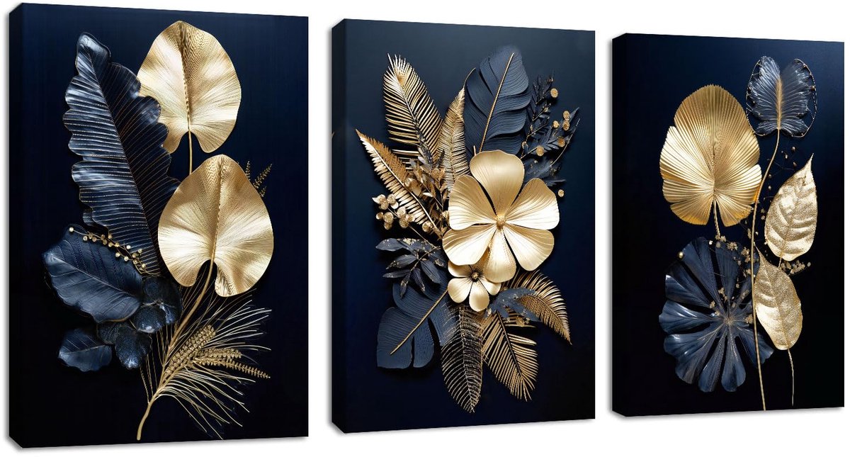 Ibenzoa Set van drie canvas schilderijen met bloemen en bladeren in blauw en goud bloemen goud