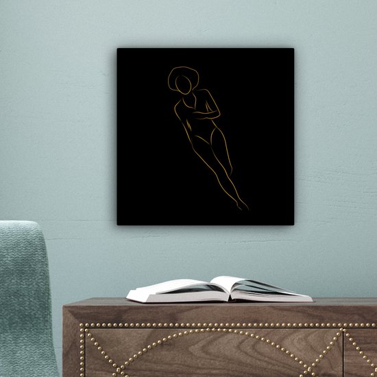 Canvas schilderij 20x20 cm - Wanddecoratie Vrouw - Gold - Black - Line art - Muurdecoratie woonkamer - Slaapkamer decoratie - Kamer accessoires - Schilderijen op canvas