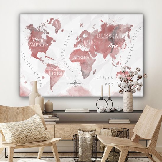 Peintures Toile Wereldkaart - Peinture - Rose - 120x80 cm - Décoration murale