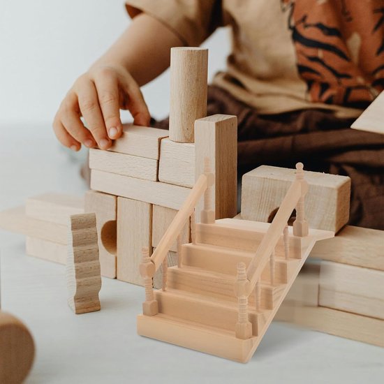 Poppenhuis Miniatuur Trap 1:12 – Houten Leuning, DIY-accessoire – Berkenhout, 32,5 Cm – Voor Micro-landschap, Poppenhuisdecoratie – Rechter Armsteun – 15 Onderdelen