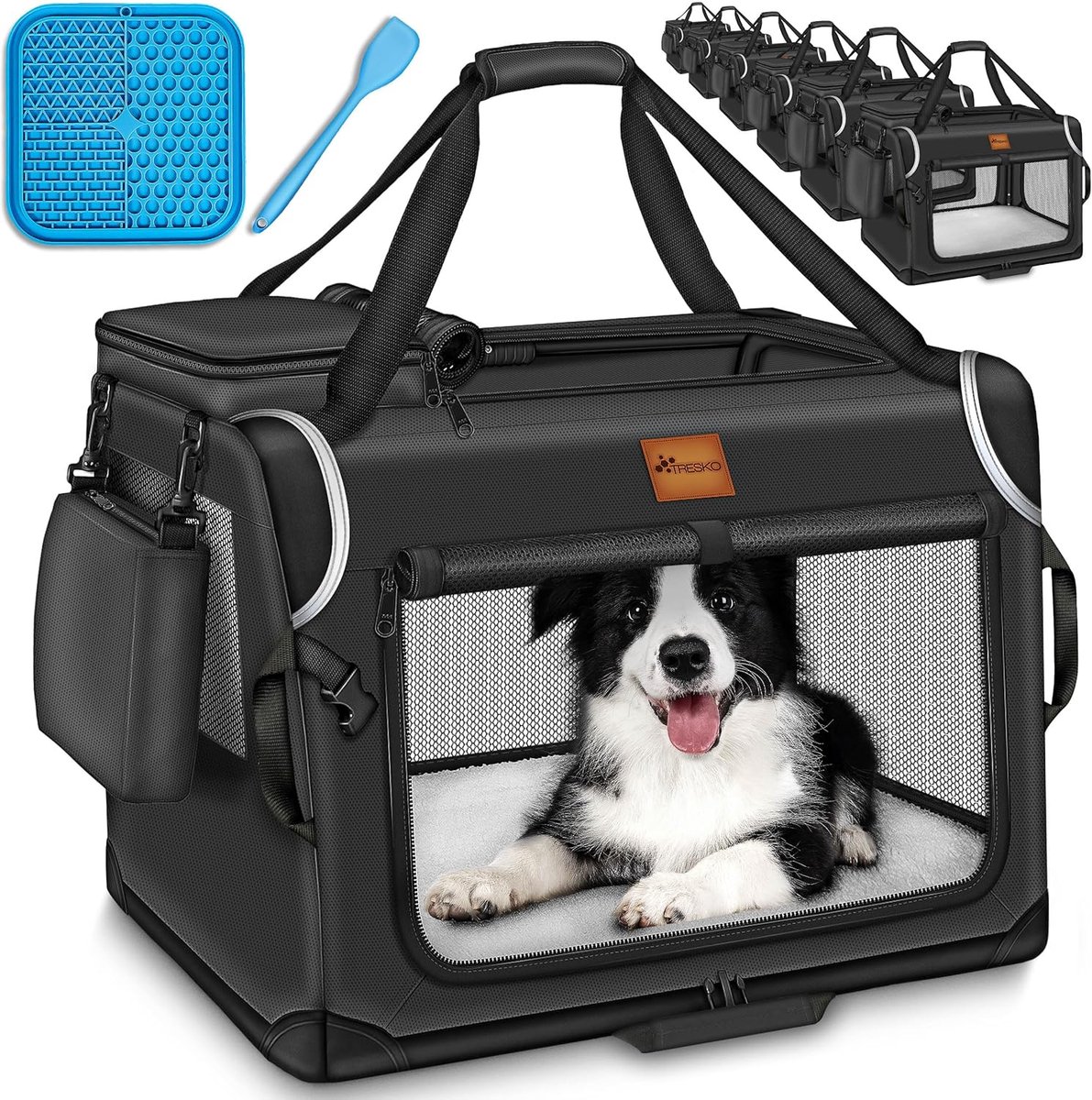 TRESKO® Opvouwbare hondenbox inclusief likmat en spatel, XXXL, 102 x 69 x 69 cm, transportbox voor honden en katten, hondentransportbox voor kleine en grote honden, robuuste hondentas, zwart