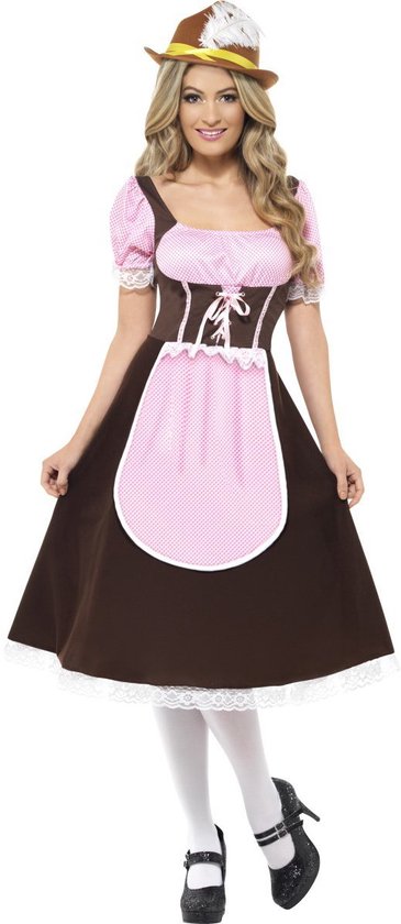 Lange Tiroler jurk in roze en bruin - Oktoberfest dirndl verkleedkleding maat 48-50