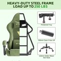 Constructie van een groene gamingstoel met een zware stalen frame, die tot 113 kg kan dragen. Details van de verdikte lade, gaslift en metalen stervoet.