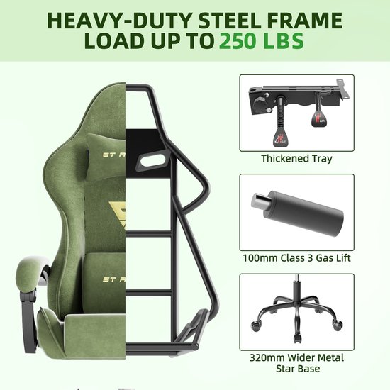 Constructie van een groene gamingstoel met een zware stalen frame, die tot 113 kg kan dragen. Details van de verdikte lade, gaslift en metalen stervoet.