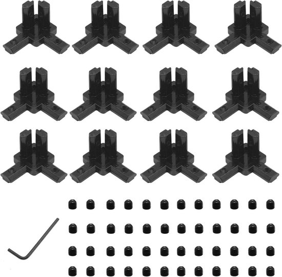 Allecto Plus - Connecteur d'angle à 3 voies pour profilés aluminium 20x20 - Lot de 12 - Noir - Norme européenne