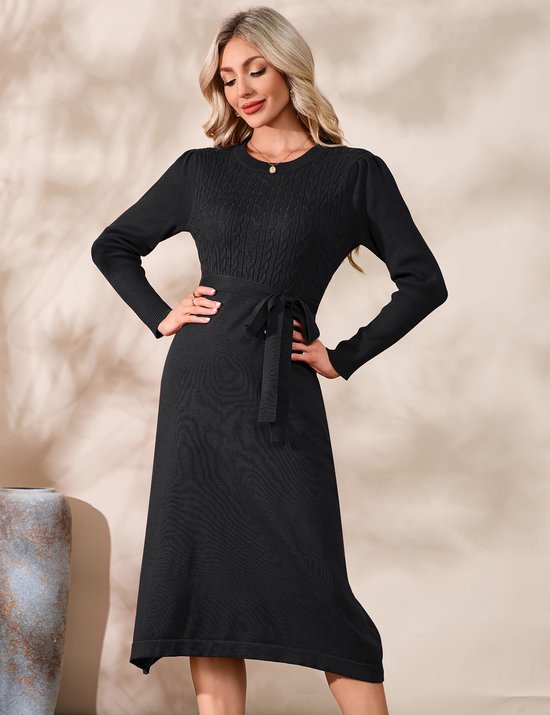 Avancel Dames Gebreide Jurk Winter Jurk Langarm Truijurken Knielang