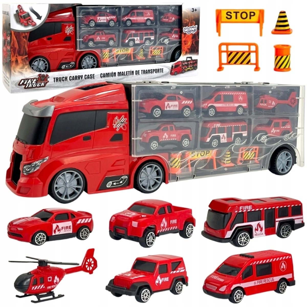 Woopie Brandweer Transporter Vrachtwagen 3-in-1 met 5 Auto's