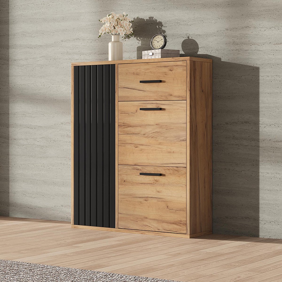 Pugsdrly Moderne schoenenkast, met verstelbare planken, zwarte handgrepen, 1 lade, 2 neerklapbare schoenenvakken en 1 deur, zwart en naturel