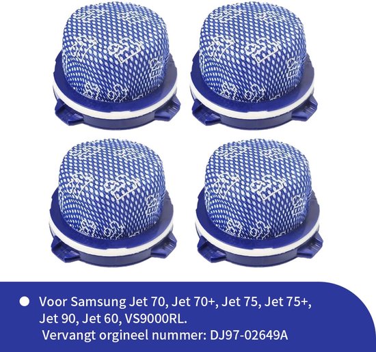 Vier blauwe stofzuigerfilters met wit patroon, met tekst "Voor Samsung Jet 70, Jet 70+, Jet 75, Jet 75+, Jet 90, Jet 60, VS9000RL. Vervangt origineel nummer: DJ97-02649A".