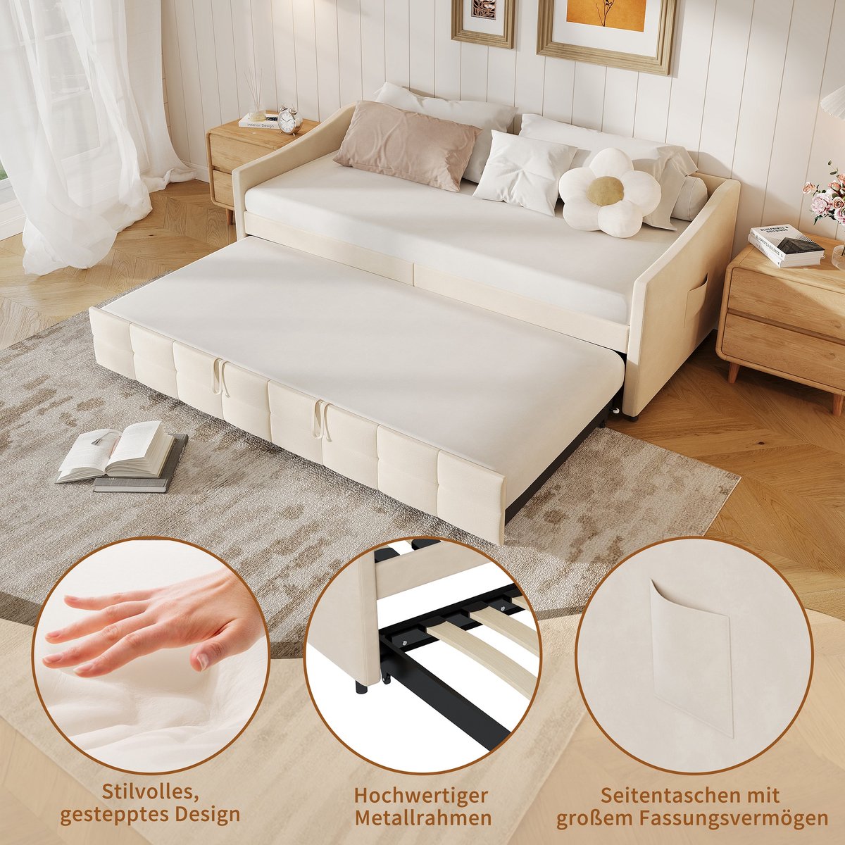 Moimhear Multifunctionele L-vormige slaapbank met uittrekbed, 90/180 x 200 cm, gestoffeerd bed, fluwelen stof, ruimtebesparend ontwerp voor kinderbed (donkergrijs