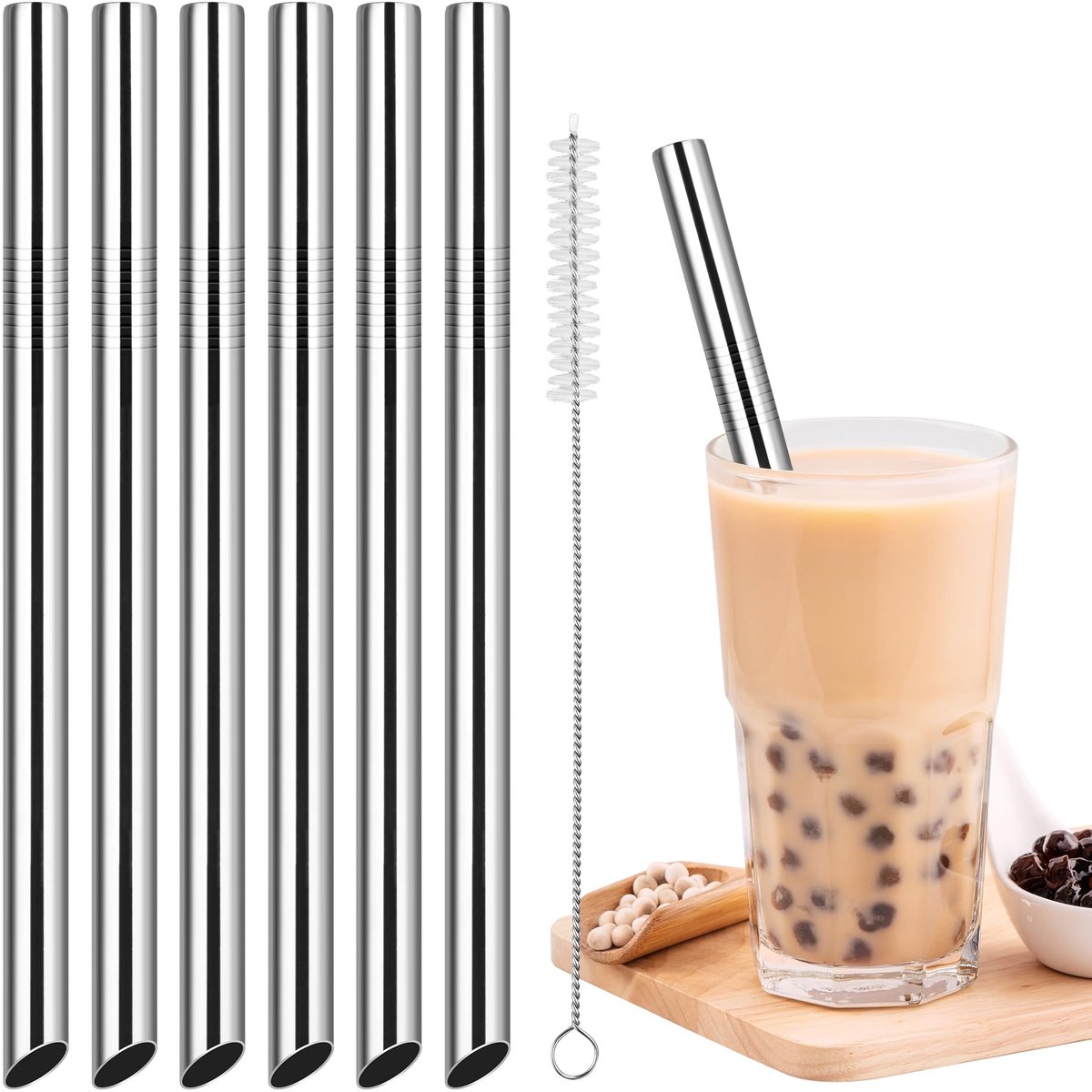 Unyqoos® Herbruikbare roestvrijstalen rietjes set voor smoothies en bubbelthee