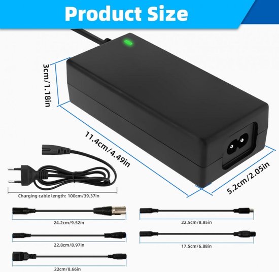 Elektrische scooter lader - 36V/42V 2A - met 6 batterijladerconnectoren - lader voor scootmobiel - elektrische fietslader - universele lader - Geschikt voor Xiaomi Mijia M365 - voor hoverboard, rolstoelen, eenwielers, fietsen en scootmobielen van Merkloos — afbeelding 4