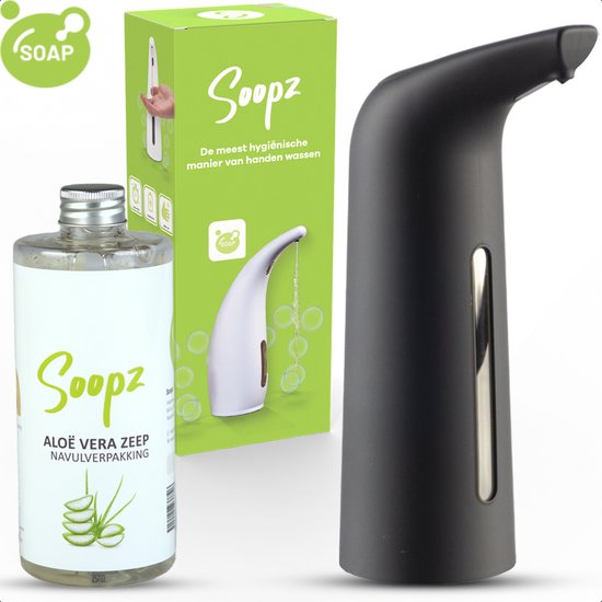 Zwarte automatische zeepdispenser met navulverpakking en kartonnen doosje van Soopz.