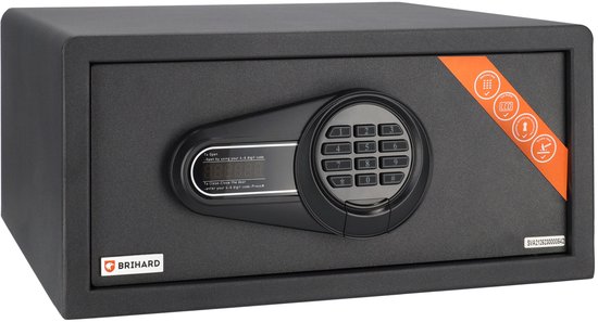 Zwarte Brihard kluis met digitaal codeslot en aan de rechterkant een oranje sticker met icoontjes. De kluis is gesloten.